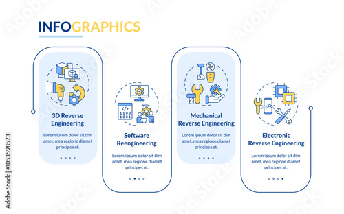 Types of reverse engineering rectangle infographic vector. Mechanical and technical reengineering. Data visualization with 4 steps. Editable rectangular options chart. Lato-Bold, Regular fonts used