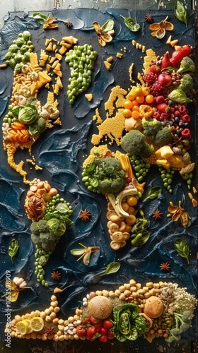 Creative world map made of vegetables, fruits, and seeds showcasing diverse nature. Continents depicted with different produce, oceans in black contrast.