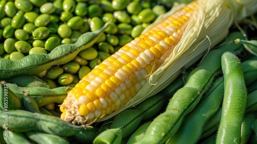 Fresh Green Beans, Edamame, and Sweet Corn: A Vibrant Pile Perfect for Healthy Recipe Inspiration and Nutritional Meal Prep Ideas