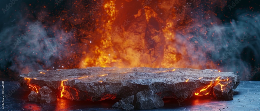 Fototapeta premium A dark grey stone platform surrounded by orange fire and smoke on cube-shaped pedestals. The somber, smoky atmosphere creates a dramatic ambiance.