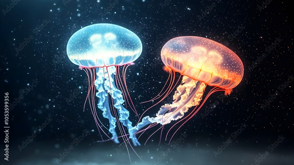 Ethereal jellyfish glowing in a dark underwater scene Ethereal jellyfish glowing in a dark underwater scene