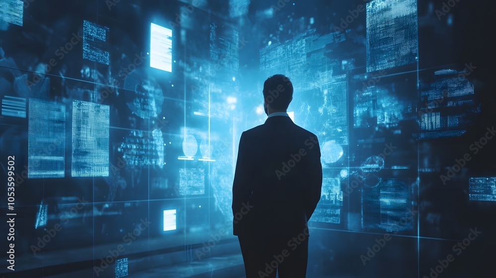 Businessman contemplating digital data in a futuristic environment. Businessman contemplating digital data in a futuristic environment.