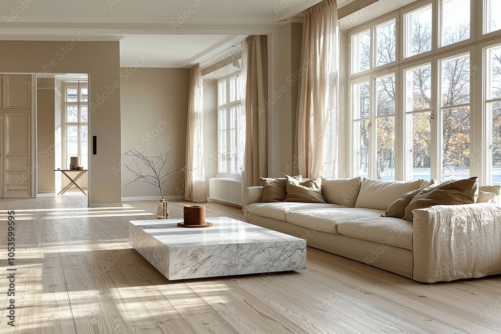 Obraz premium A minimalist, Scandinavian interior in a living room with a sofa and table and good lighting. Generative AI 