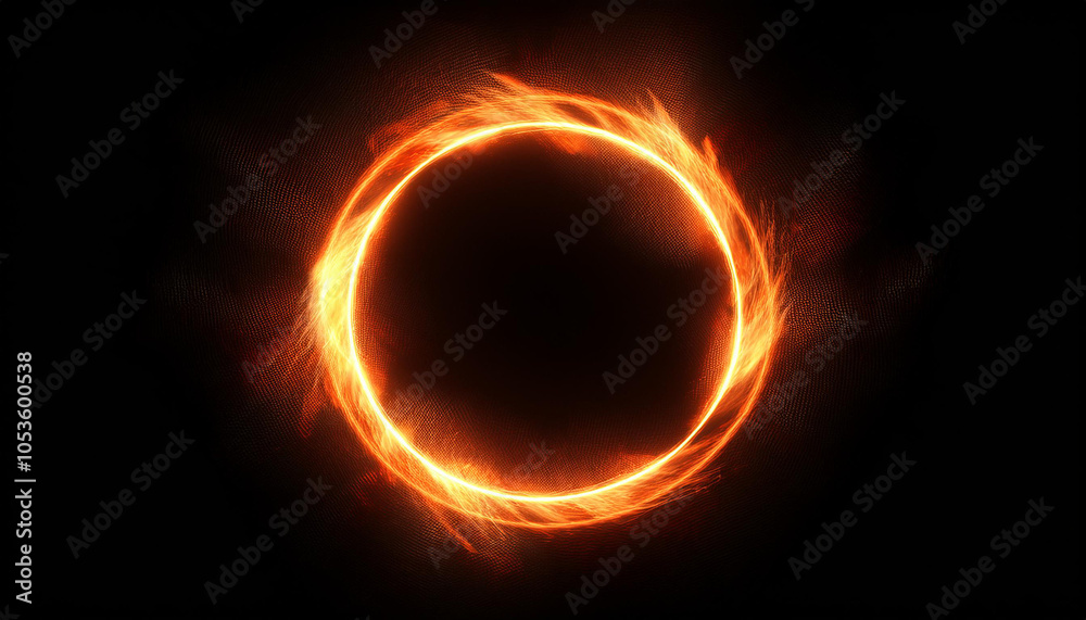 Fiery ring of orange fire flames on black. Mesmerizing and glowing blue ring. Abstract burning energy Fiery ring of orange fire flames on black. Mesmerizing and glowing blue ring. Abstract burning energy