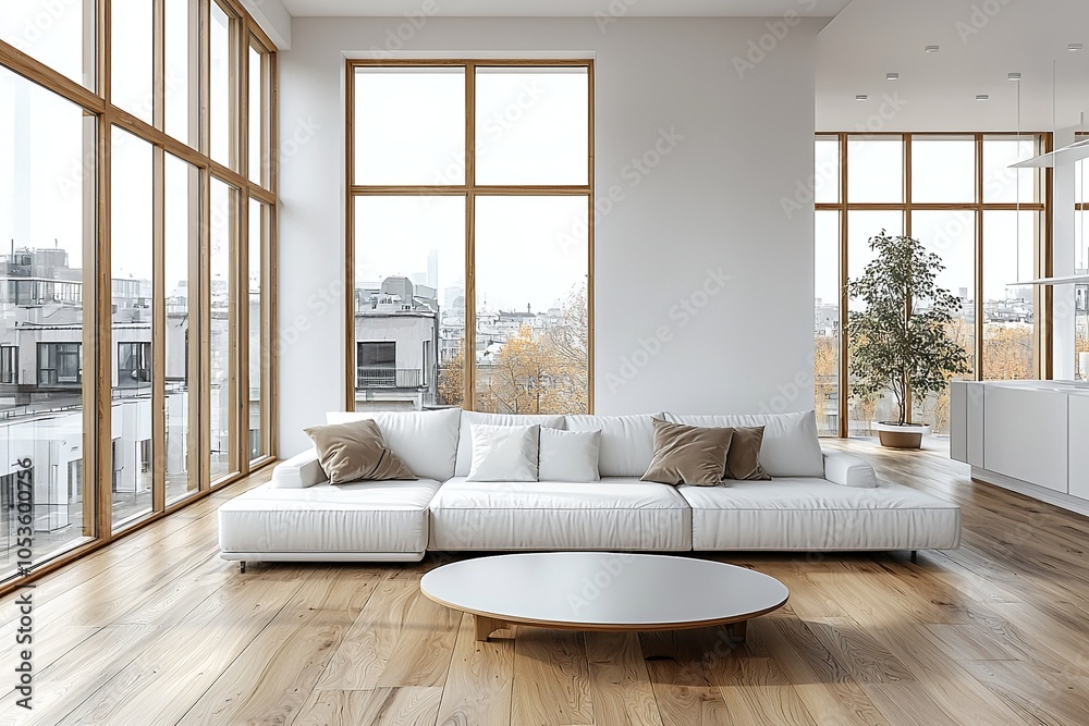 Fototapeta premium Minimalist, modern Scandinavian interiors in a well-lit living room with white sofas and tables. Generative AI 