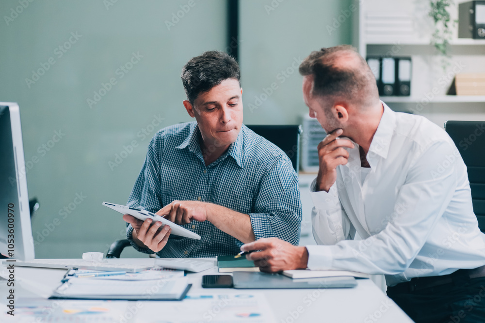 Two businessmen working together Analyze financial reports with charts and graphs while using the calculator to calculate budget, income, taxes, business growth. Startup business idea. Two businessmen working together Analyze financial reports with charts and graphs while using the calculator to calculate budget, income, taxes, business growth. Startup business idea.