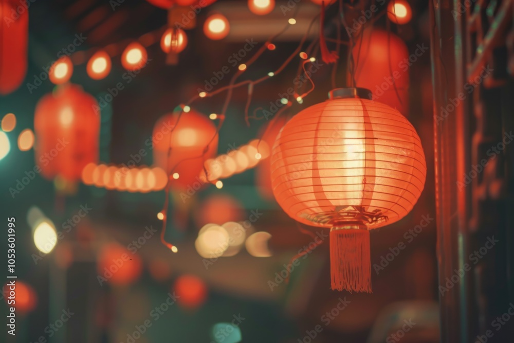 Obraz premium A bunch of red lanterns hang from the ceiling, creating a cozy and intimate atmosphere
