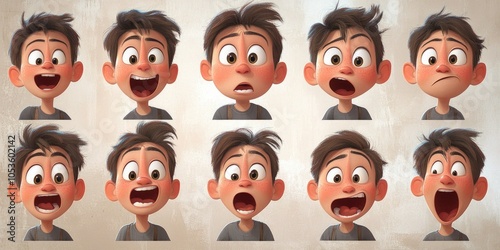 A series of images showing a man with various facial expressions, ideal for illustrating emotional range or character development