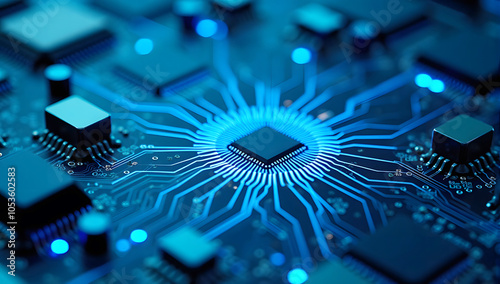 Abstract AI circuit board background. Technology connected blue lines with electronics elements on tech bg