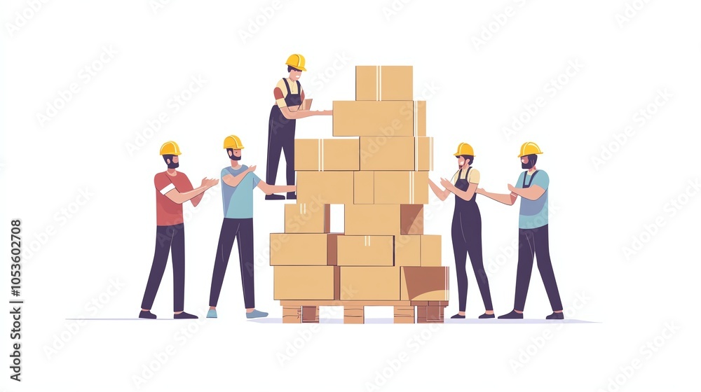 A team of warehouse workers celebrate finishing stacking boxes on a pallet.