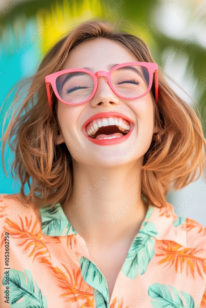 Woman with pink glasses laughing joyfully in a tropical setting, AI Woman with pink glasses laughing joyfully in a tropical setting, AI