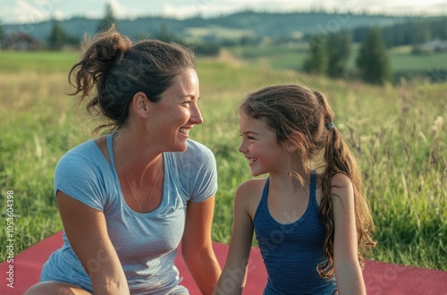 a happy mother and daughter doing yoga outside on a red mat, wearing blue , looking at each other with love in their eyes