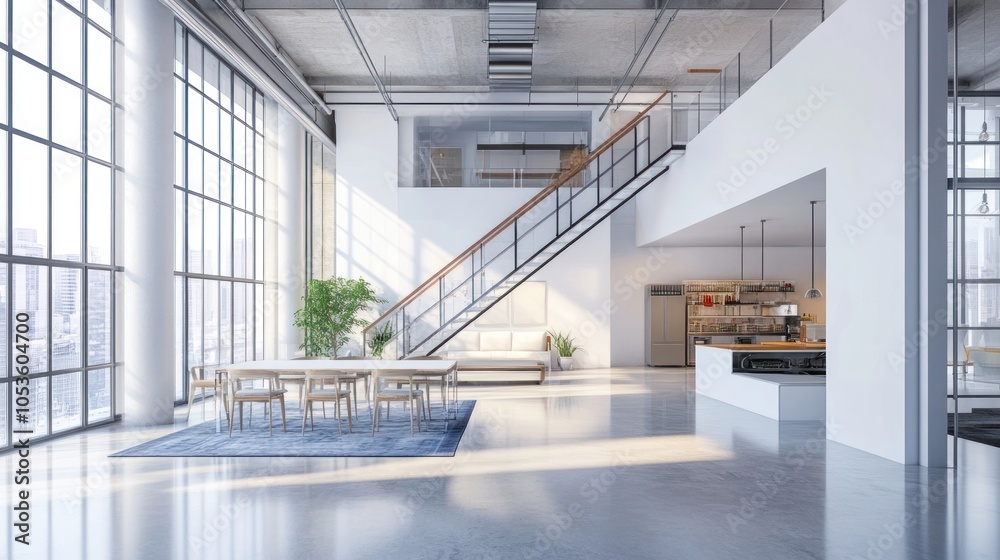 Modern open-plan living space with large windows, a staircase, and a dining area.