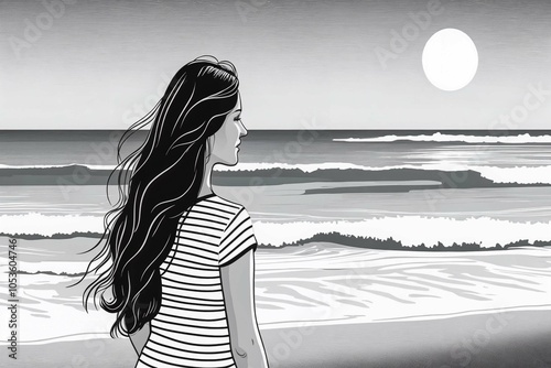 A black and white drawing of a woman standing on the beach, looking out at the ocean with a pensive expression.