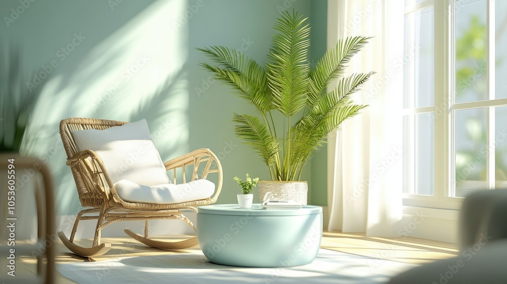 Fototapeta premium A bright and inviting living room featuring a palm on a light blue round table, complemented by a rocking chair and a cozy sofa for a fresh feel.