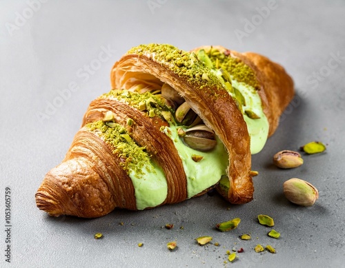 un croissant relleno de crema de pistacho, con virutas de pistacho encima, partido por la mitad