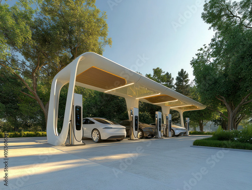 Modern electric vehicle charging station in a green park setting...