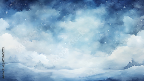 winter postcard blank form watercolor drawing, landscape in blue tones, covered with snow, snowfall in light blue tones abstract blurred background
