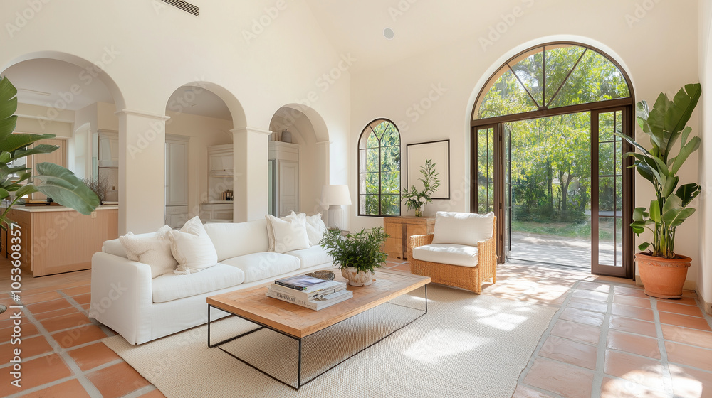 Fototapeta premium Bright and airy modern living room with natural elements