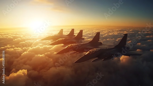 Four fighter jets fly in formation at sunset. photo