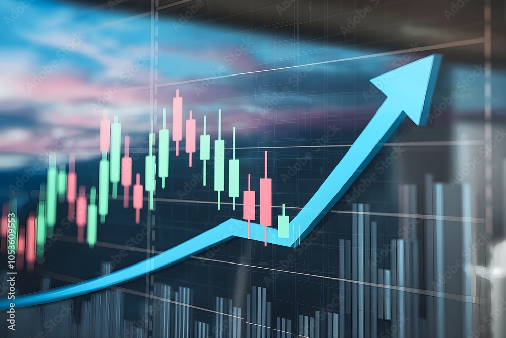 Stock chart with blue arrow, sky hues convey depth and financial growth Stock chart with blue arrow, sky hues convey depth and financial growth