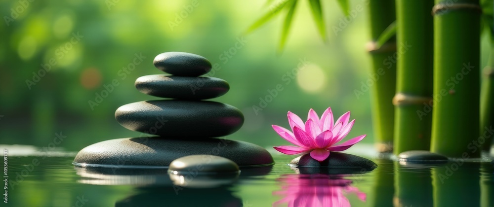 Stacked black stones with a pink lotus and green foliage for a harmonious and peaceful spa setting. Stacked black stones with a pink lotus and green foliage for a harmonious and peaceful spa setting.