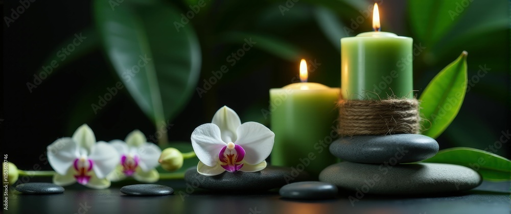 Orchid flower with a green candle and bamboo create a serene and harmonious spa ambiance. Orchid flower with a green candle and bamboo create a serene and harmonious spa ambiance.