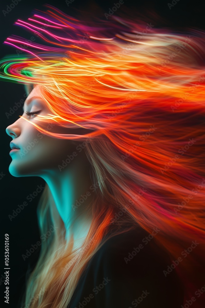 A young woman with vibrant flowing hair illuminated by colorful lights in a dramatic portrait, captured in a dark studio setting