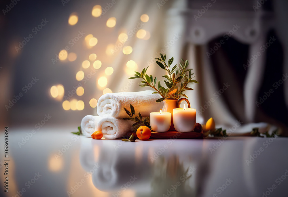 A serene spa setting with rolled towels, candles, and greenery on a white surface.
