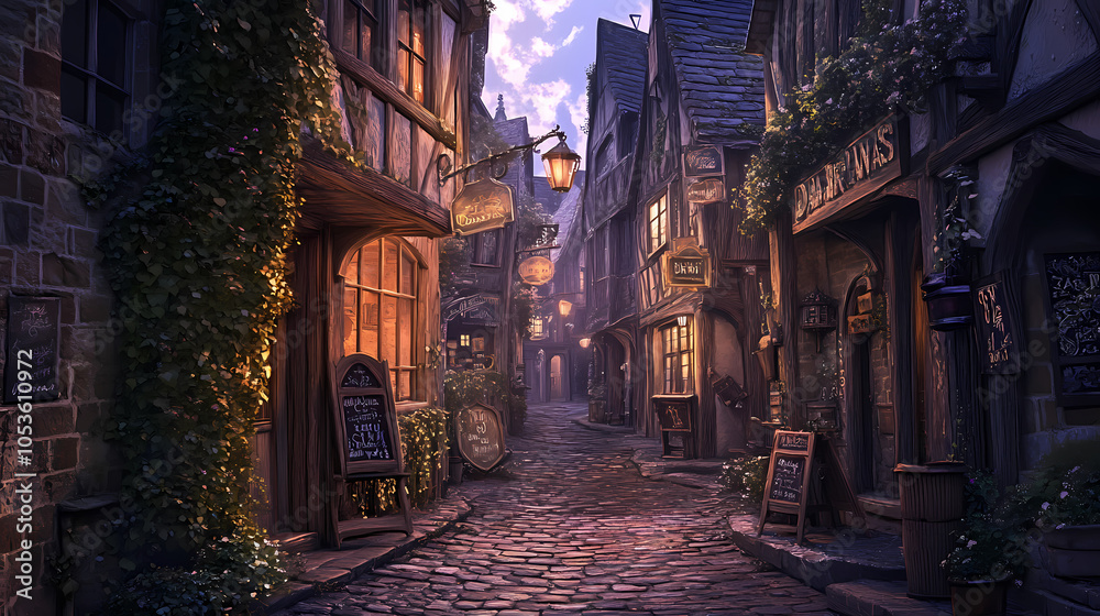 Fototapeta premium A medieval alleyway at dusk, lined with quaint, timber-framed buildings and cobblestone streets. Ivy creeps up walls, lanterns glow against moonlit shadows, signs hang above small shop entrances.