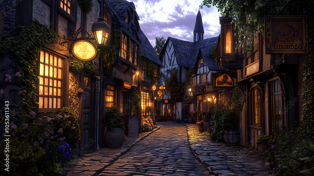 Fototapeta premium A medieval alleyway at dusk, lined with quaint, timber-framed buildings and cobblestone streets. Ivy creeps up walls, lanterns glow against moonlit shadows, signs hang above small shop entrances.