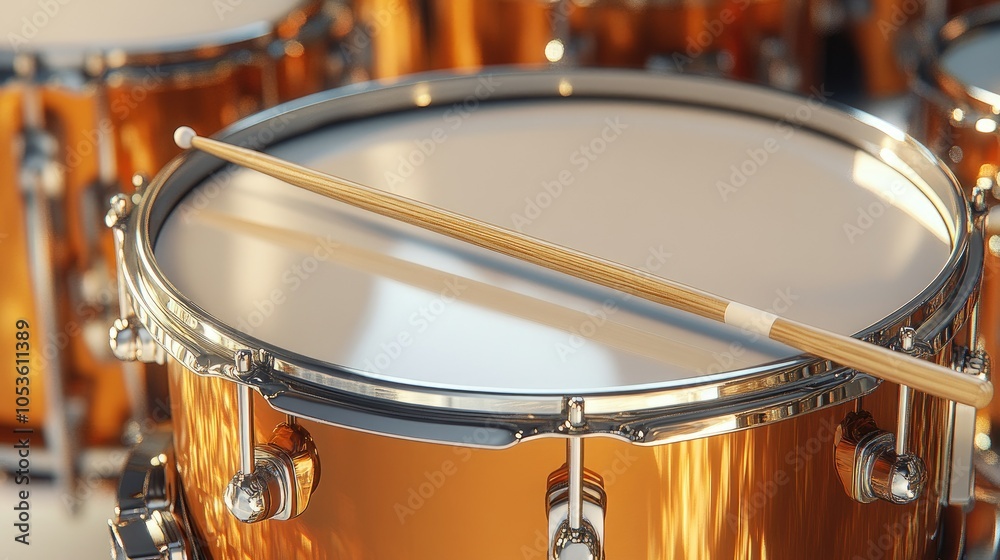 Obraz premium A close-up of a bright snare drum with sticks on top, surrounded by other parts of the drum set, isolated on a white background in 3D