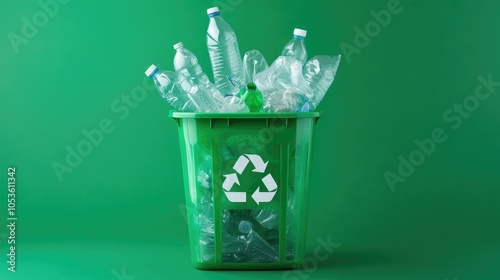 A clear depiction of a recycling bin filled with plastic waste, highlighted by recycling symbols, promoting awareness of environmental responsibility.