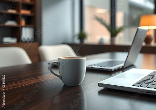 White coffee cup with laptop computer on office table for business concept, in clean office,