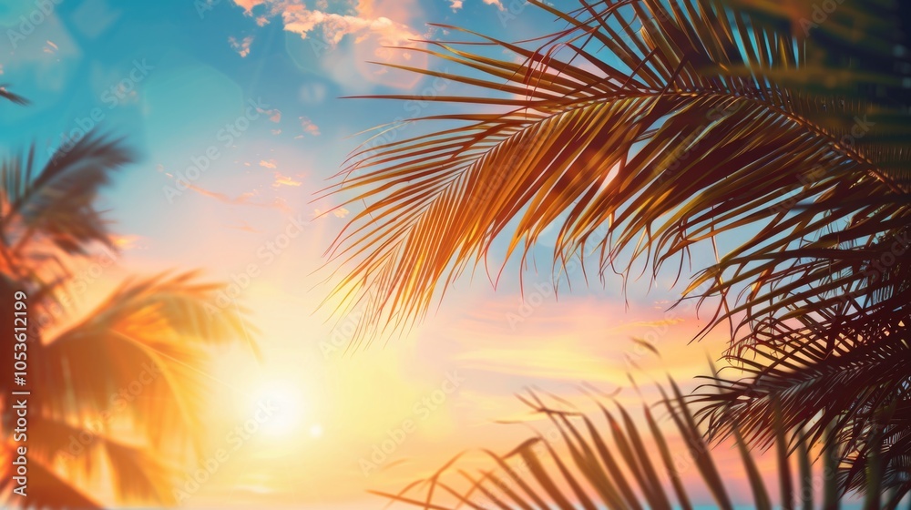 Fototapeta premium Sunset behind palm trees on a beach, a calm and peaceful scene