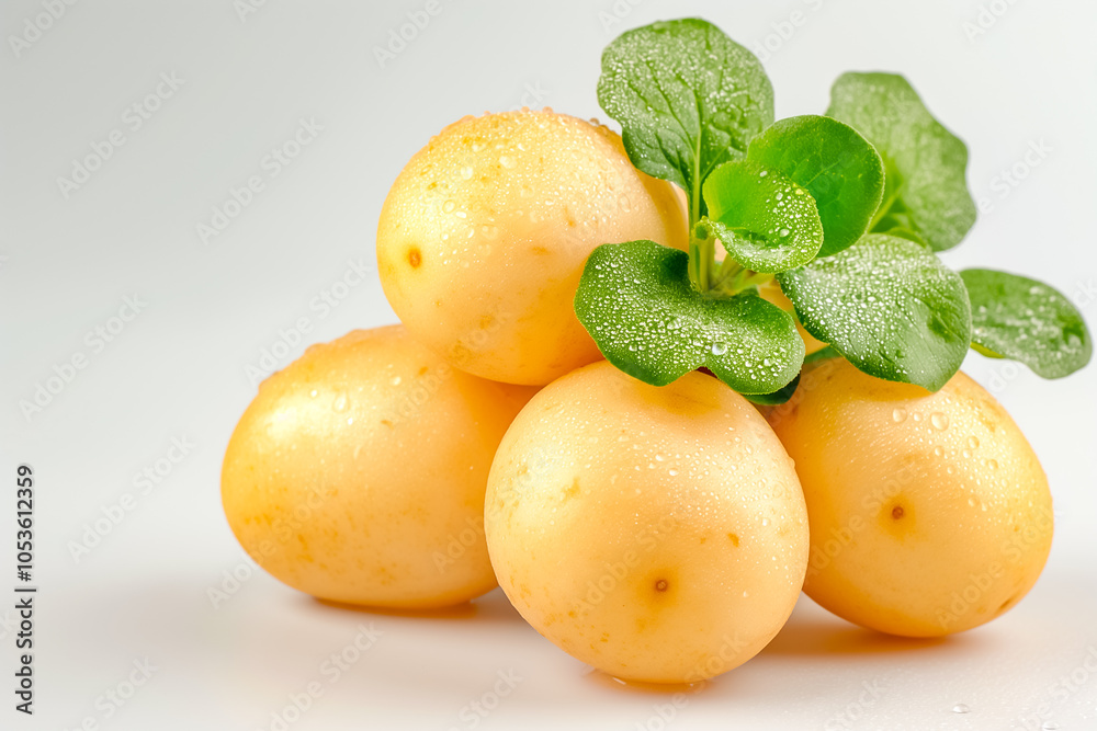 A cluster of freshly harvested golden potatoes rests gently, adorned with bright green leaves. The soft light enhances their natural sheen and earthy appeal A cluster of freshly harvested golden potatoes rests gently, adorned with bright green leaves. The soft light enhances their natural sheen and earthy appeal