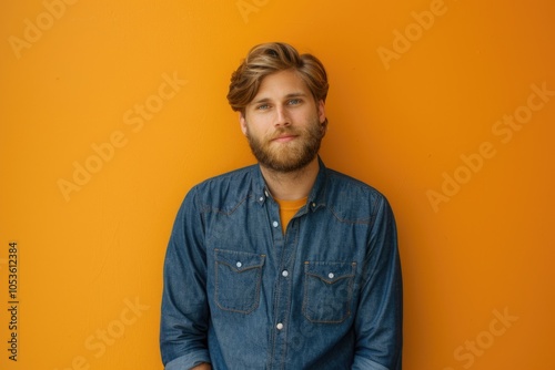 A man with a beard stands in front of an orange wall, great for use in editorial or commercial contexts