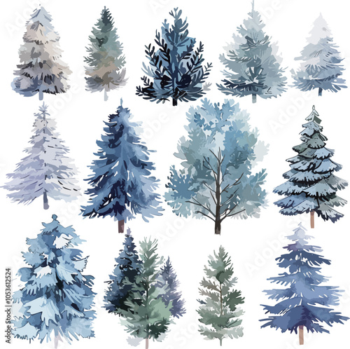 Watercolor forest pine trees for Christmas and Happy New Year.