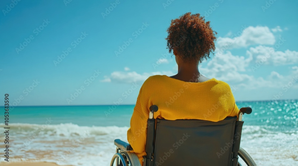 Fototapeta premium A woman relaxing in her wheelchair on a sunny beach