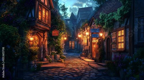 A medieval alleyway at dusk, lined with quaint, timber-framed buildings and cobblestone streets. Ivy creeps up walls, lanterns glow against moonlit shadows, signs hang above small shop entrances.