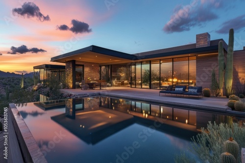 Modern desert home with a sleek design, large glass windows, surrounding cacti, infinity pool, sunset light, serene and minimalist