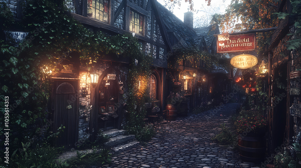 Fototapeta premium A medieval alleyway at dusk, lined with quaint, timber-framed buildings and cobblestone streets. Ivy creeps up walls, lanterns glow against moonlit shadows, signs hang above small shop entrances.