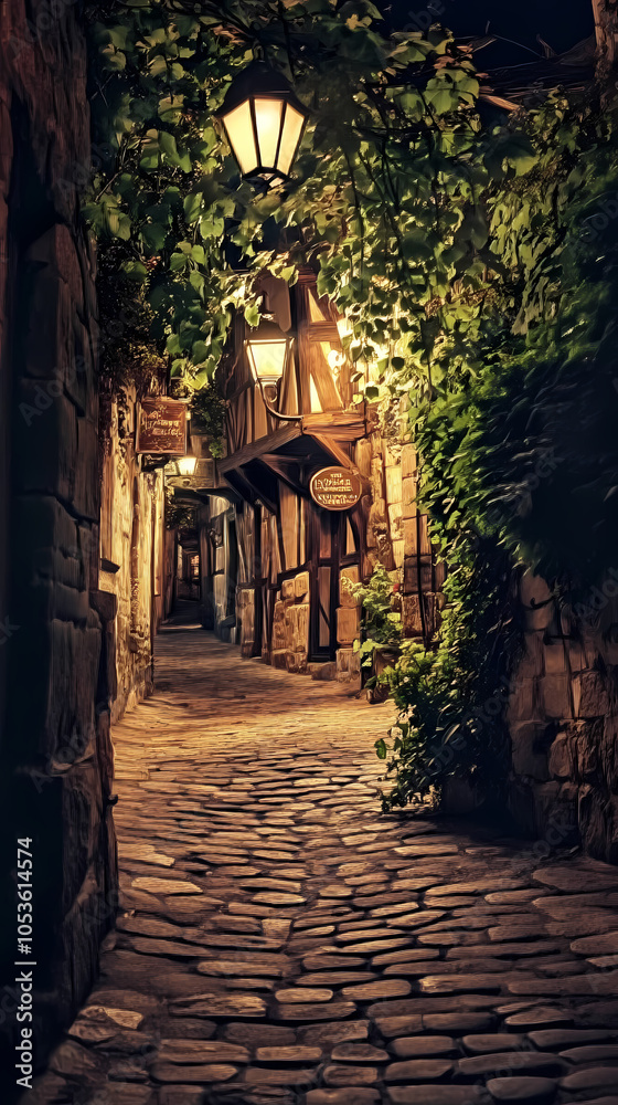 Naklejka premium A medieval alleyway at dusk, lined with quaint, timber-framed buildings and cobblestone streets. Ivy creeps up walls, lanterns glow against moonlit shadows, signs hang above small shop entrances.
