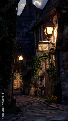 A medieval alleyway at dusk, lined with quaint, timber-framed buildings and cobblestone streets. Ivy creeps up walls, lanterns glow against moonlit shadows, signs hang above small shop entrances.