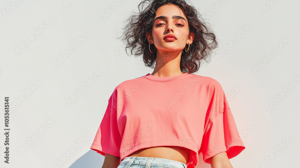 Indian Female in Relaxed Oversized croptop Mockup and jean short pant isolated on white background Indian Female in Relaxed Oversized croptop Mockup and jean short pant isolated on white background