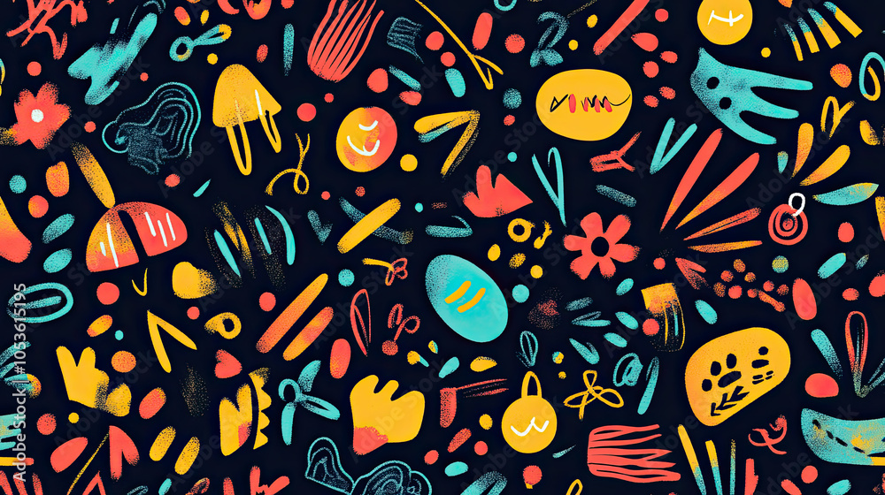 Naklejka premium Colorful abstract seamless pattern background featuring vibrant shapes and festive elements