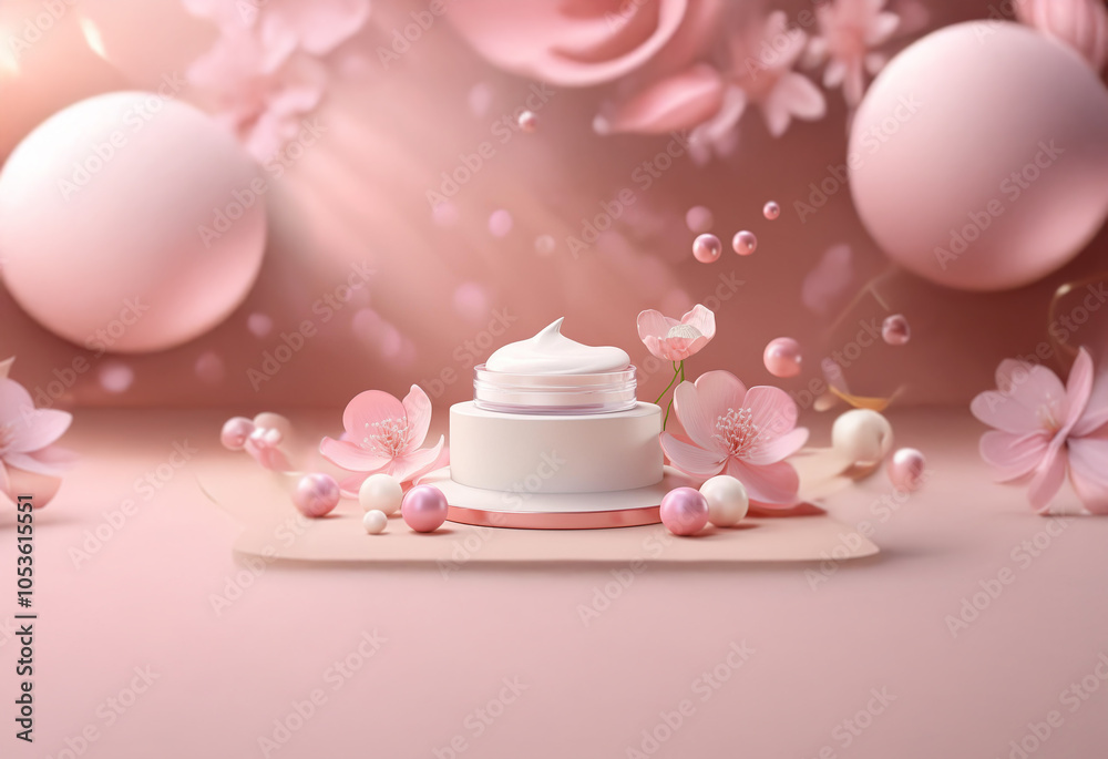 A white cream jar with swirl of cream on top sits on a pedestal with pink and white pearl-like spheres and pink flowers with a soft pink and white background. A white cream jar with swirl of cream on top sits on a pedestal with pink and white pearl-like spheres and pink flowers with a soft pink and white background.