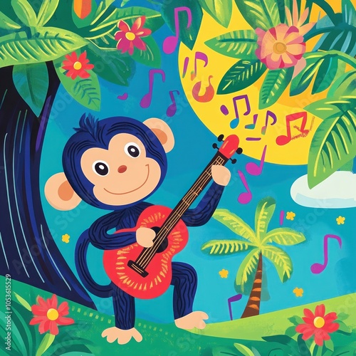 A cute cartoon monkey plays a red guitar in a tropical jungle setting with music notes floating around him. photo