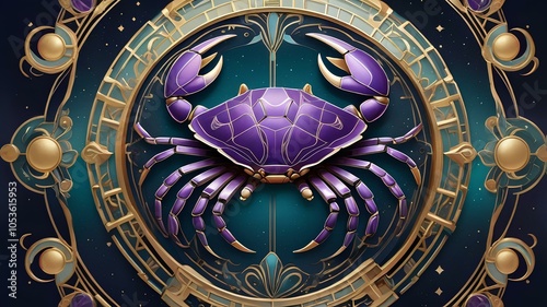 Cancer Zodiac Astrology Symbol - Art Deco Crab Illustration with Deep Purple, Burnt Orange, and Midnight Blue Accents; Elegant Digital Artwork of Water Sign
