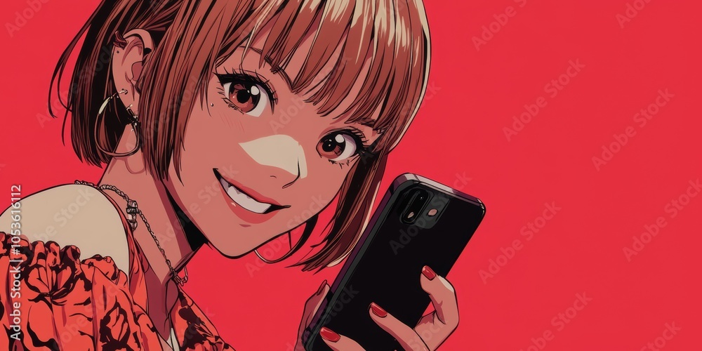 Y2K-styled cheerful girl with phone